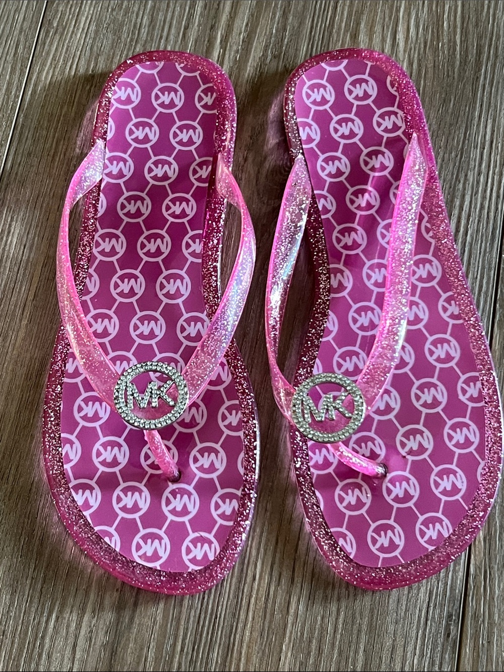 Michael Kors Pink Glitter MK Logo Jelly Sandals, Sz 5
